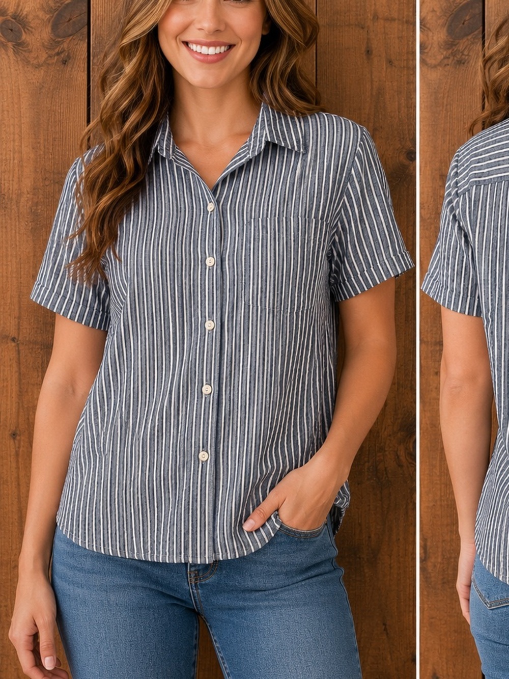 FREE ASSEMBLY Relaxed Striped Short-Sleeve Button-Down in Navy and White SMALL